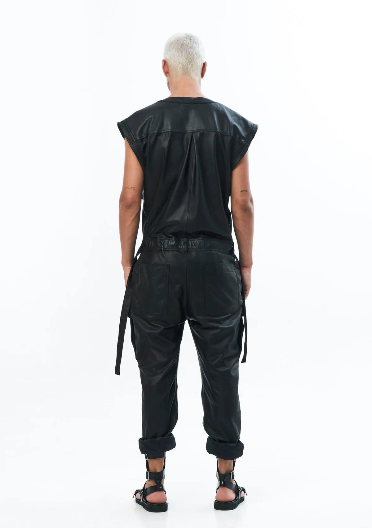 SLEEVELESS LEATHER JUMPSUIT IN BLACK