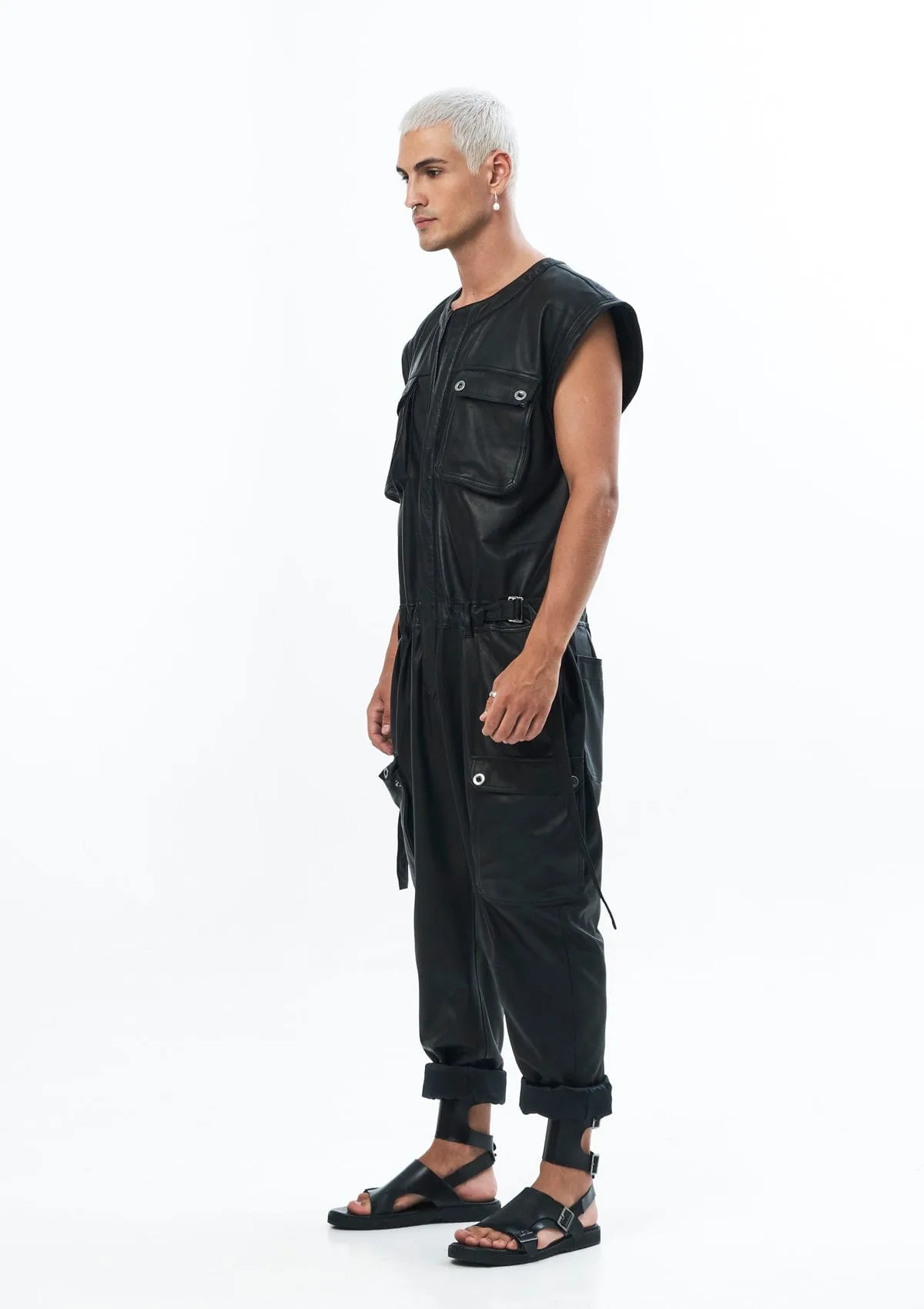 SLEEVELESS LEATHER JUMPSUIT IN BLACK