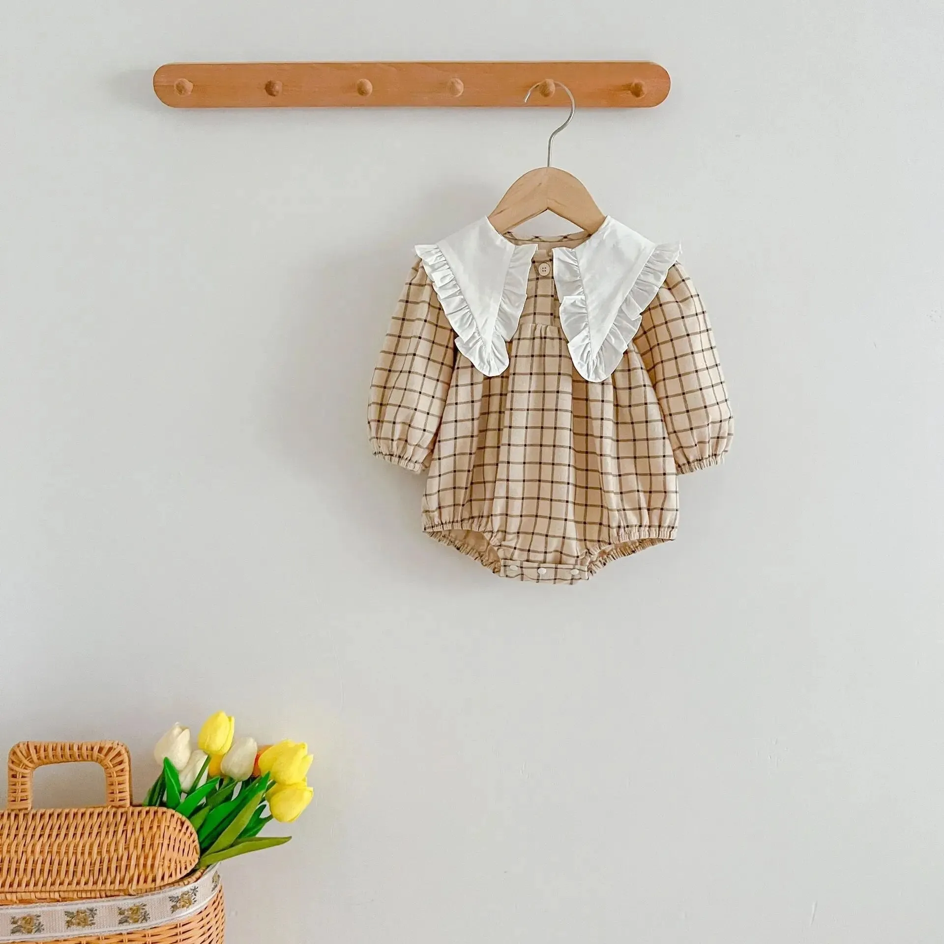 Soft Gingham Romper With Contrasted Collar