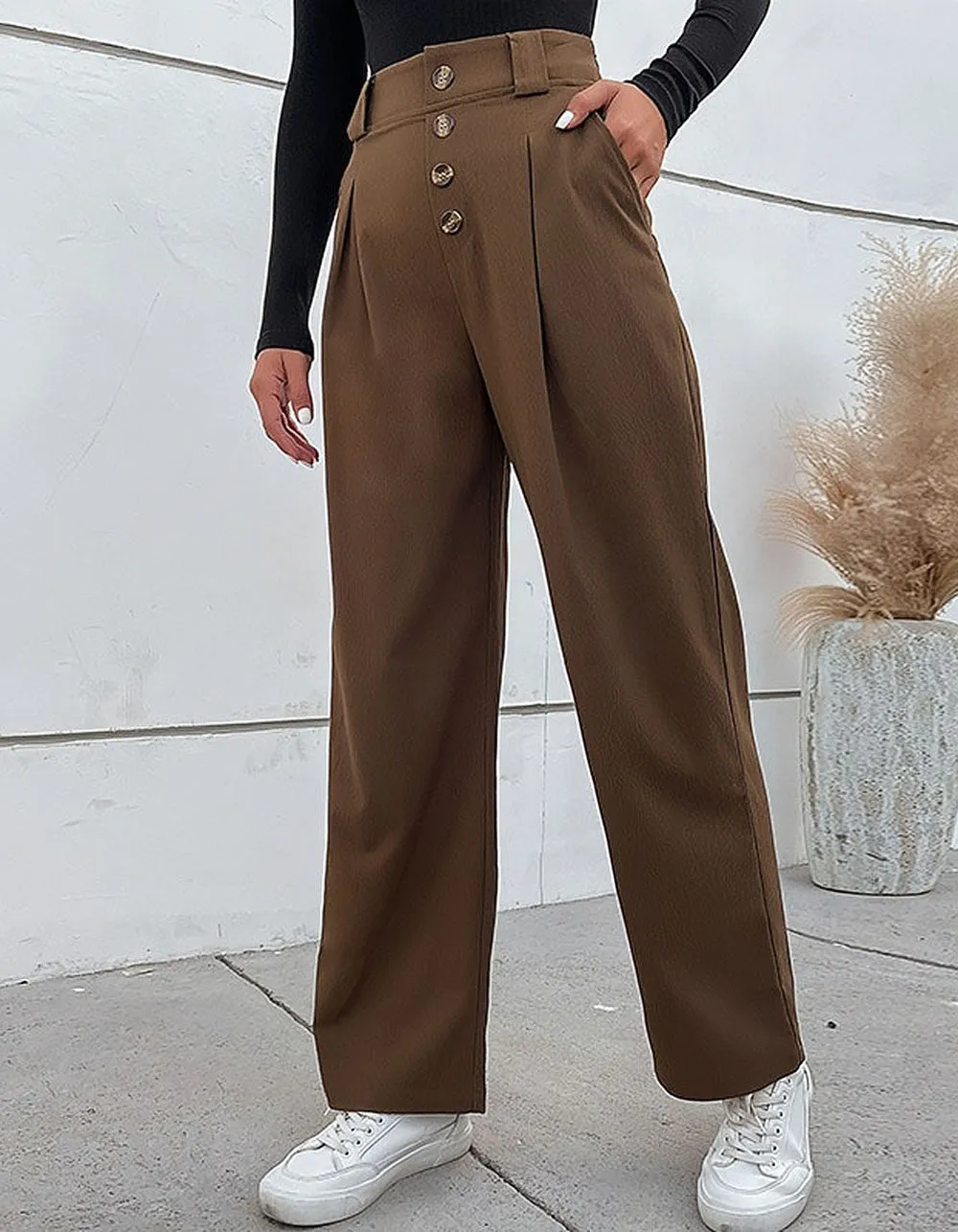 Solid-color Button Pocket OL Wide-Leg Pants