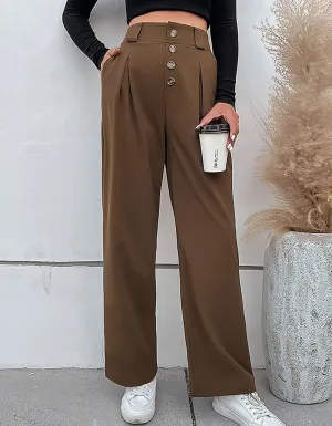 Solid-color Button Pocket OL Wide-Leg Pants