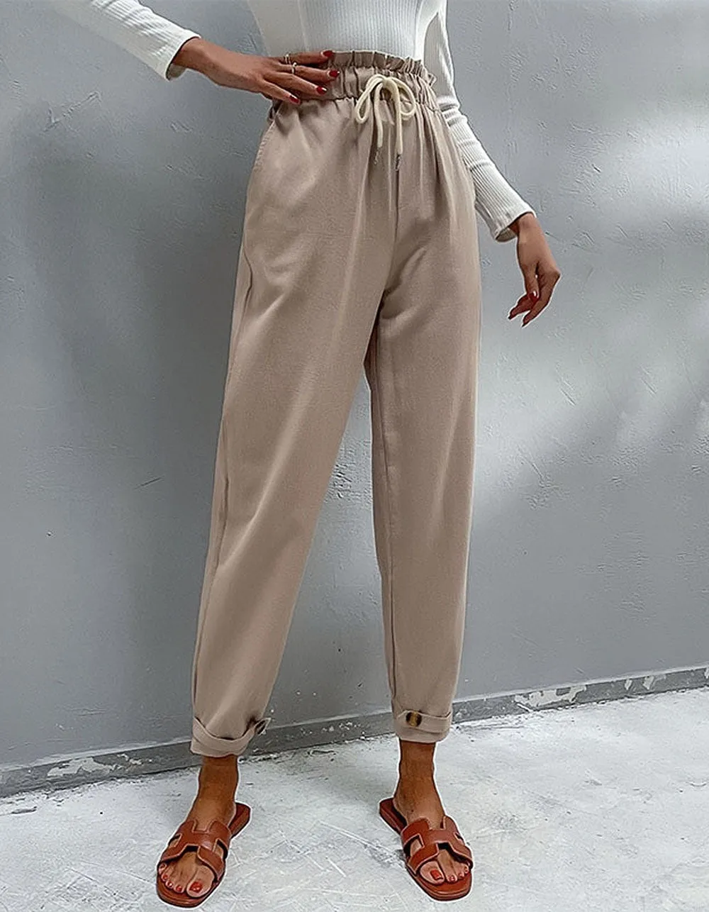 Solid-color Cotton and Linen High Waist Pencil Pants