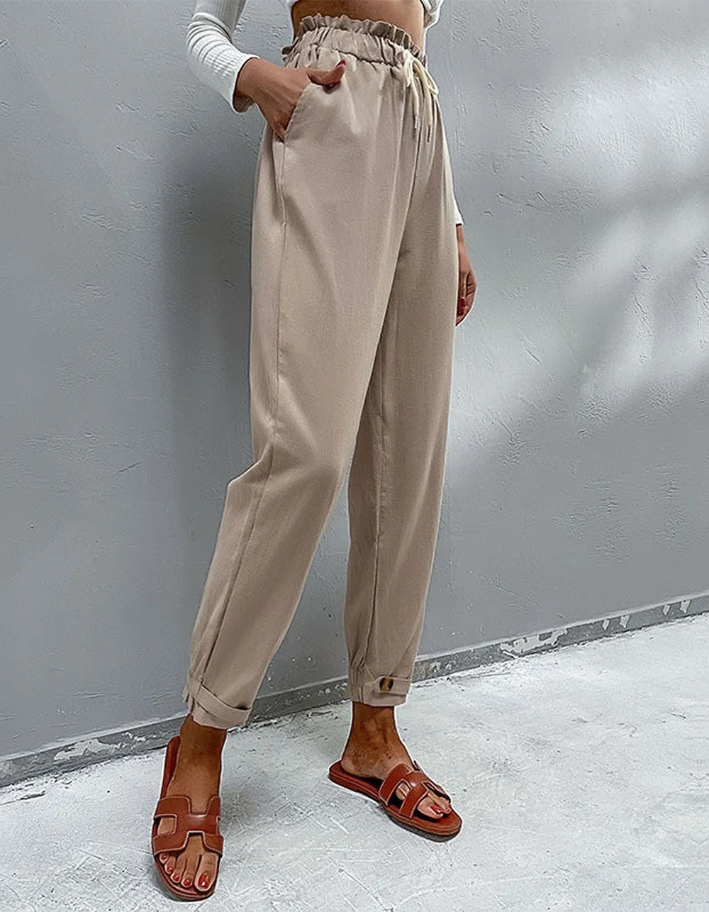 Solid-color Cotton and Linen High Waist Pencil Pants