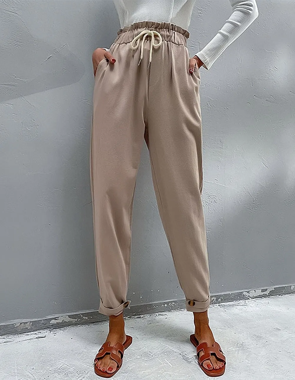 Solid-color Cotton and Linen High Waist Pencil Pants