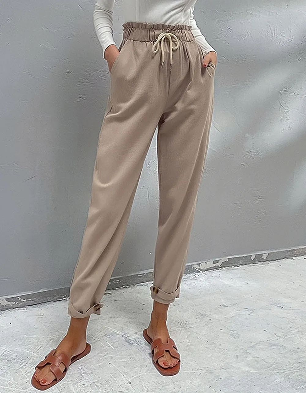 Solid-color Cotton and Linen High Waist Pencil Pants