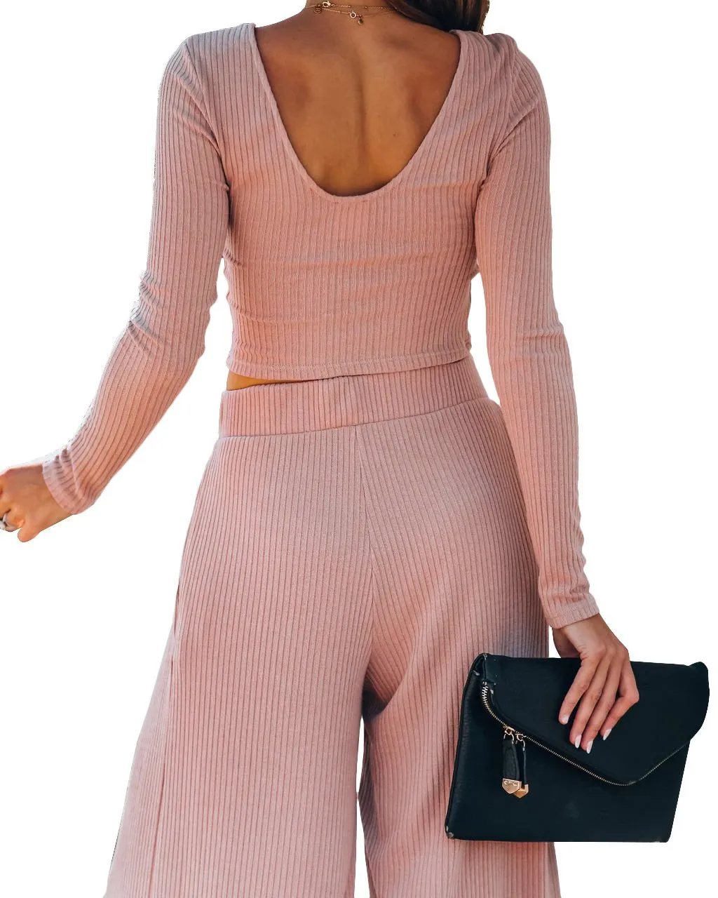 Solid Color Crop Tops and Wide-leg Pants Set