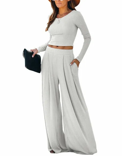 Solid Color Crop Tops and Wide-leg Pants Set