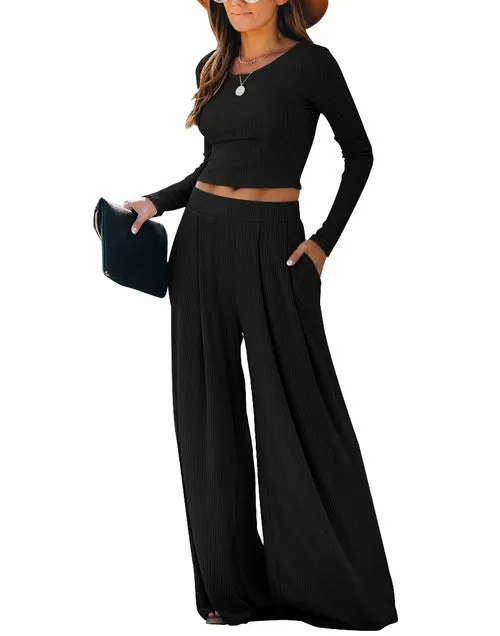 Solid Color Crop Tops and Wide-leg Pants Set