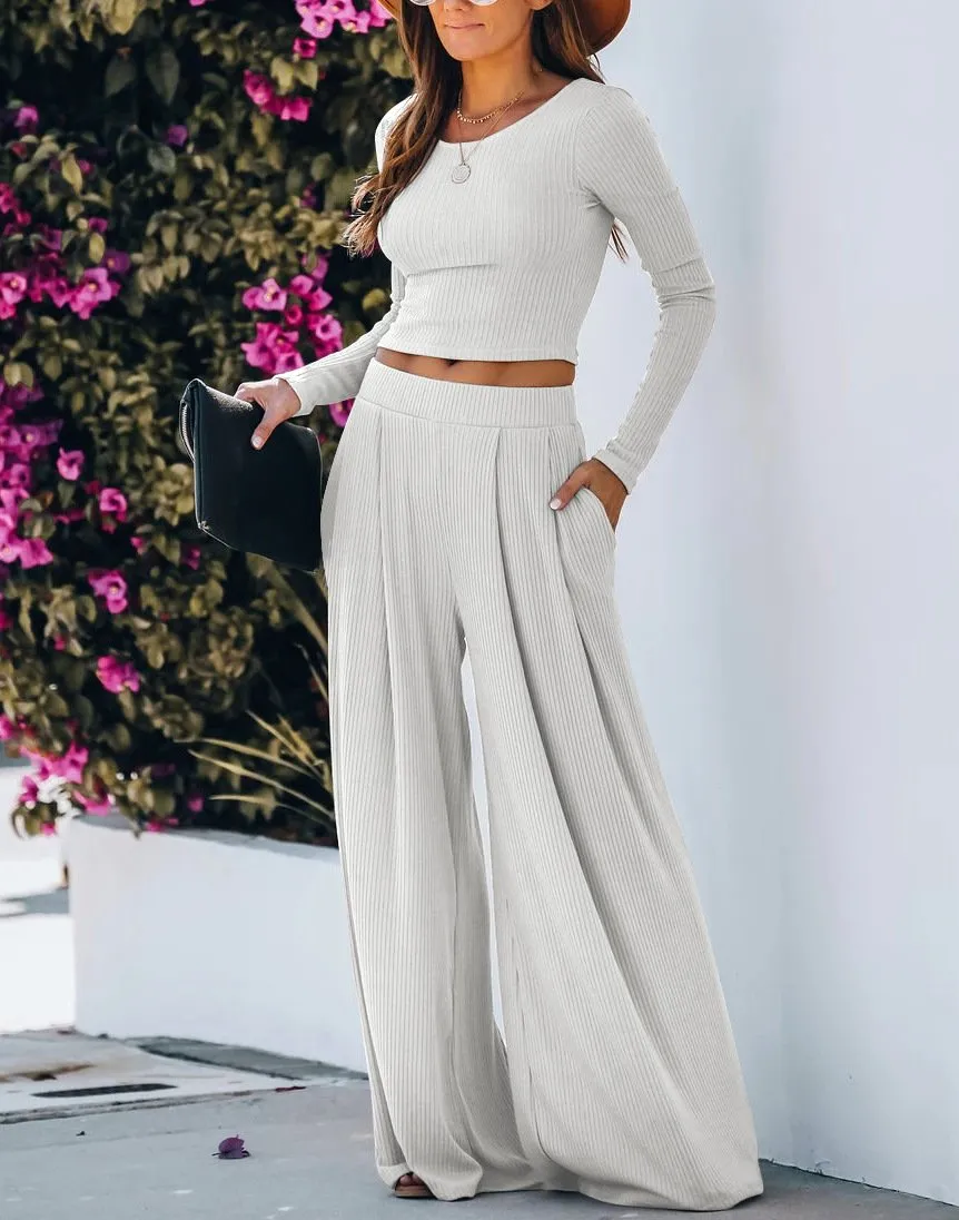 Solid Color Crop Tops and Wide-leg Pants Set