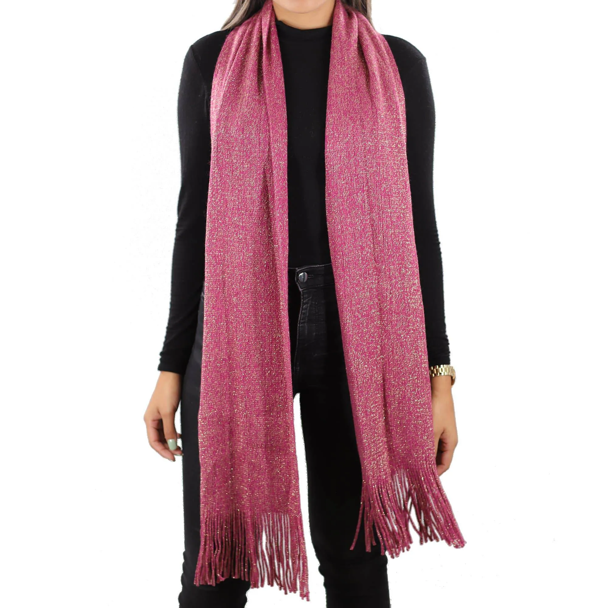 Solid Lurex Knit Scarf With Fringe-Pink