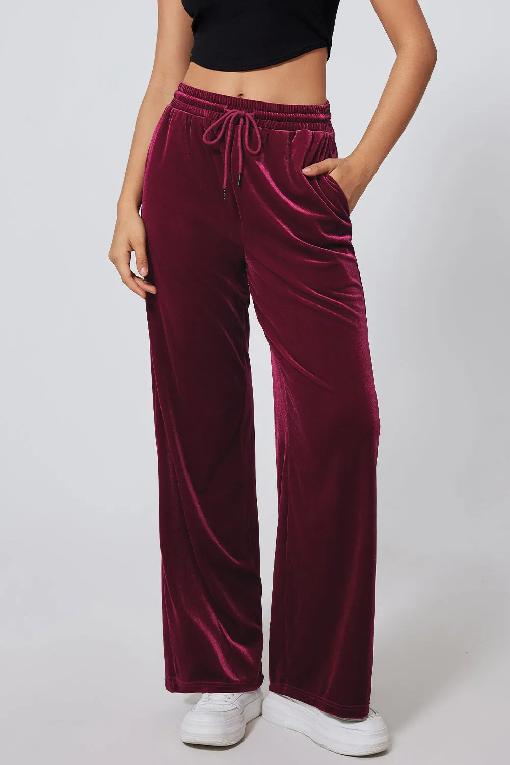 Solid Velvet Drawstring Waist Pants