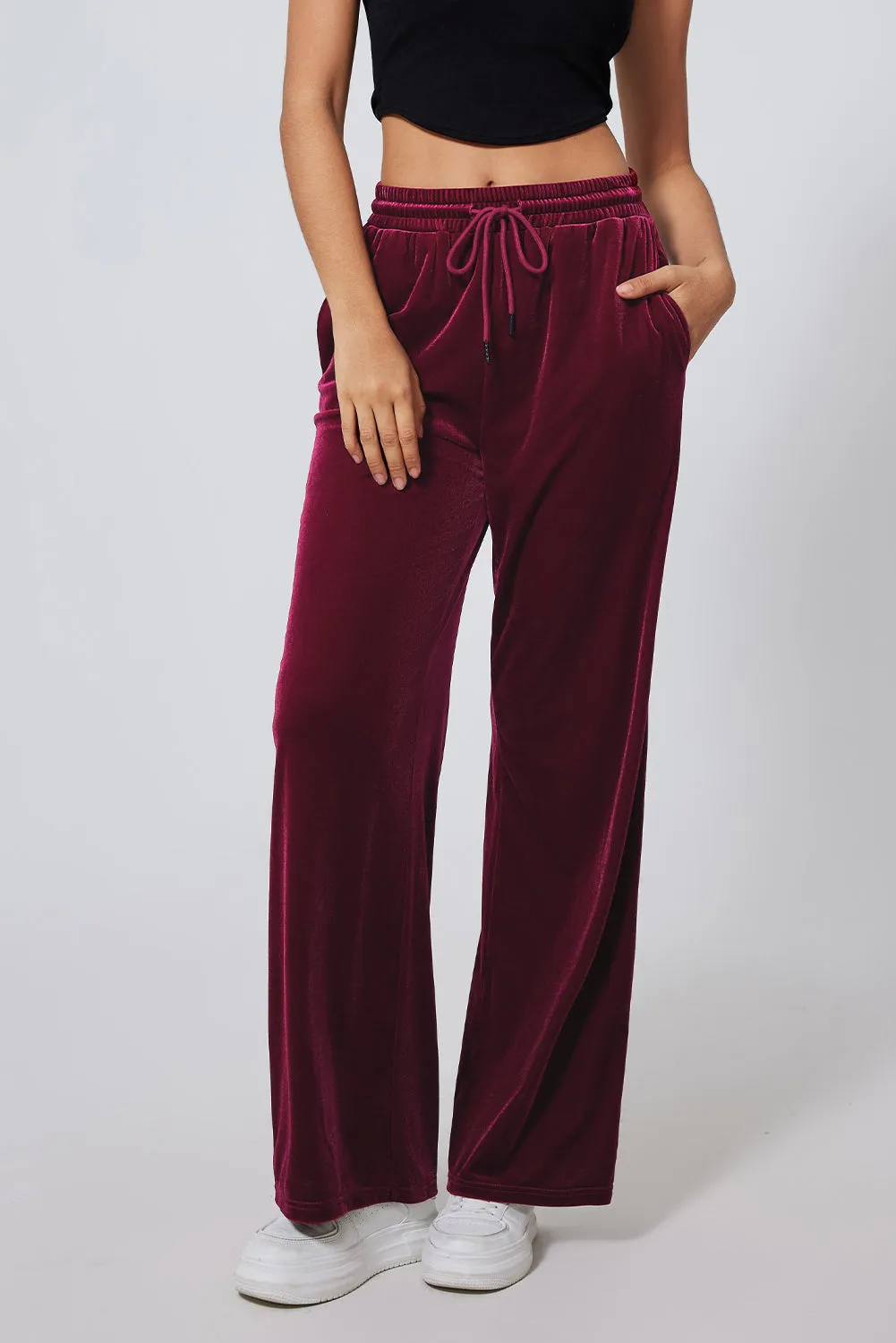 Solid Velvet Drawstring Waist Pants