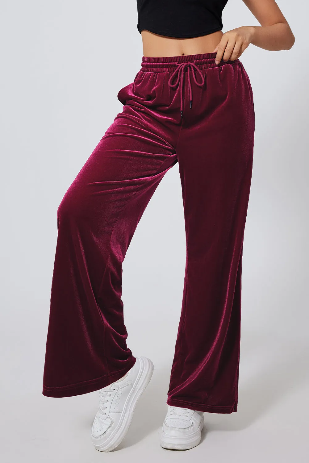 Solid Velvet Drawstring Waist Pants