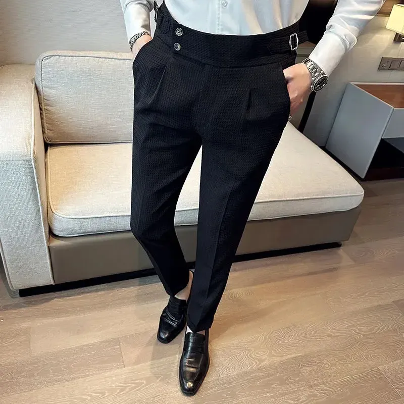 Solid Waffle High Waist Casual Slim Trousers