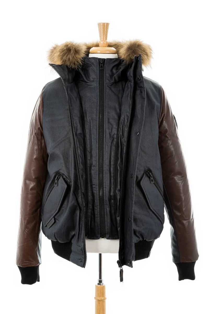 Stephan Leather Sleeved Bomber Jacket With Fur Trim