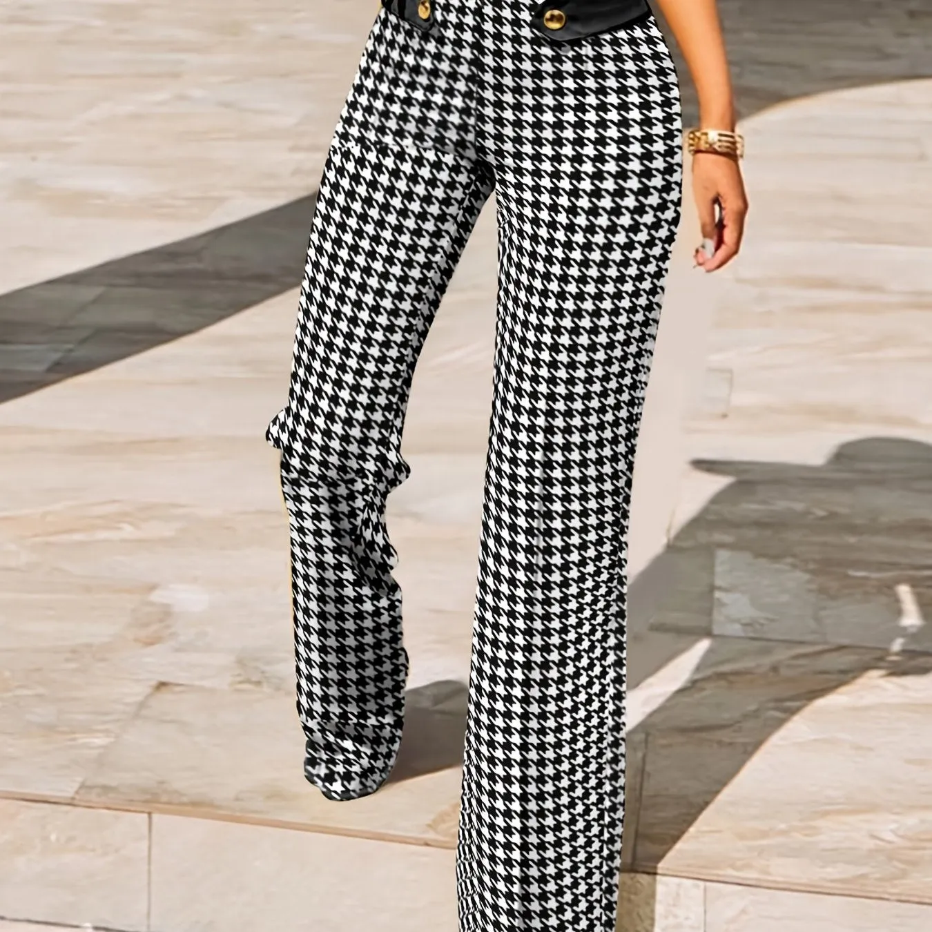 Stylish Houndstooth High Waist Straight Leg Casual Every Day Pants