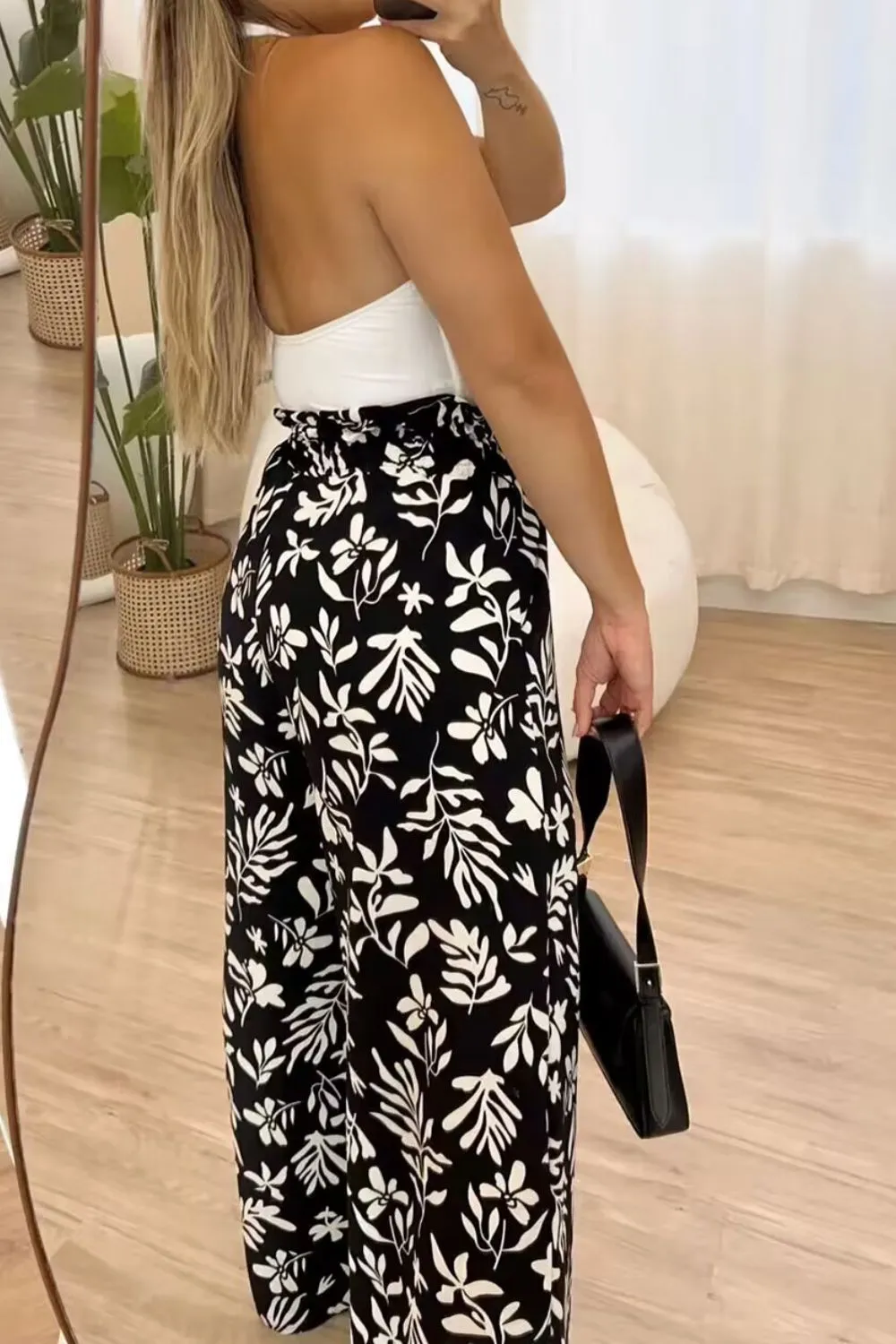 TEEK - Black Full Size Printed High Waist Wide Leg Pants