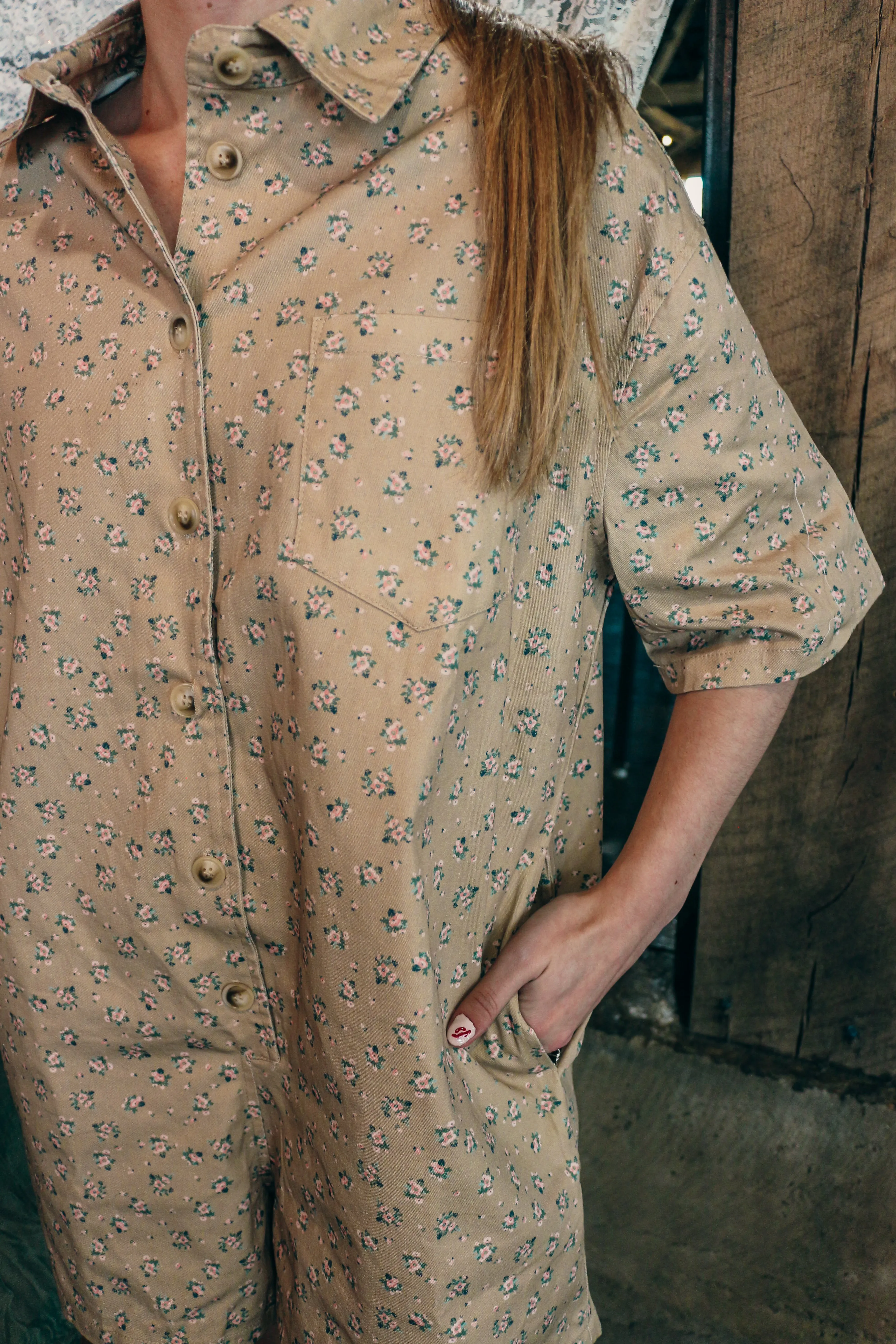 The Best Life Mocha Floral Button Down Romper