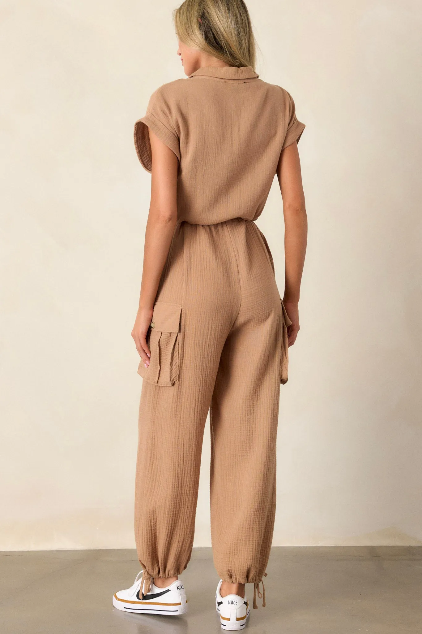 Twist On Timeless 100% Cotton Camel Brown Gauze Jumpsuit