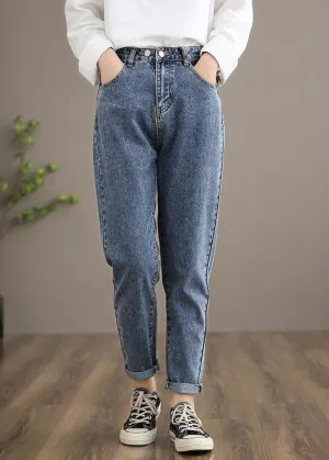 Unique Denim Dark Blue High Waist Spring Elastic Waist Pattern Wild Pants