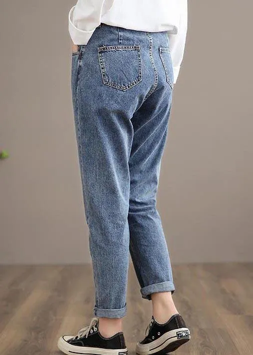 Unique Denim Dark Blue High Waist Spring Elastic Waist Pattern Wild Pants