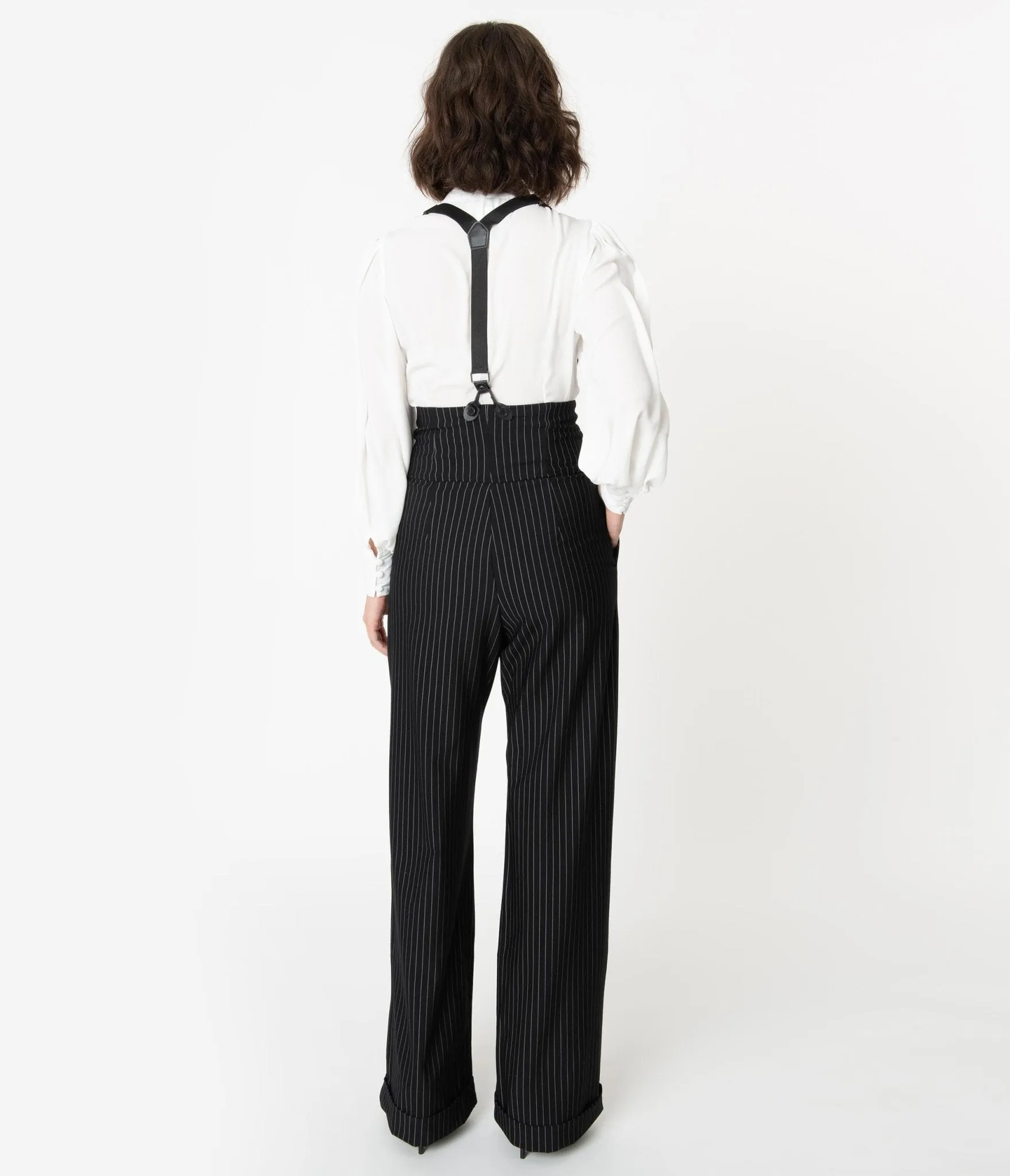 Unique Vintage 1930s Black & White Pin Stripe Thelma Suspender Pants