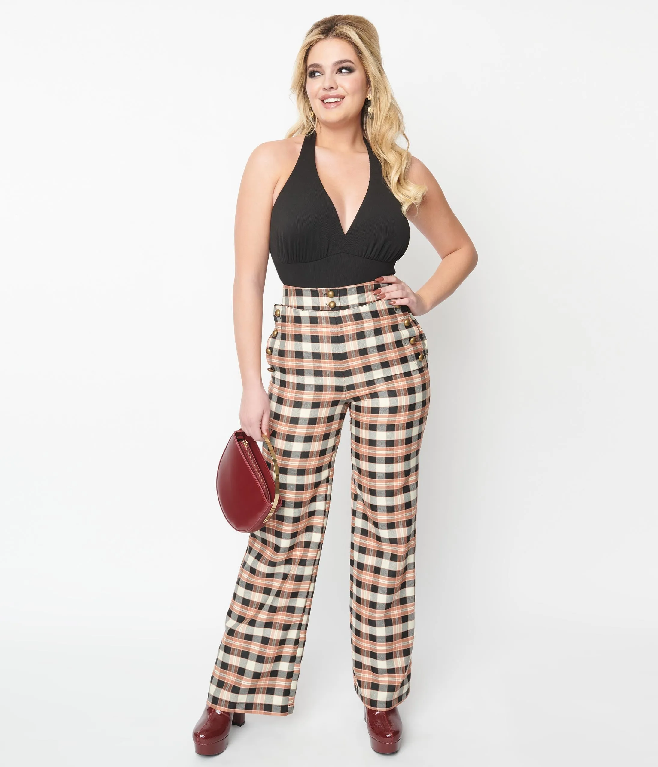 Unique Vintage 1940s Black & Tan Plaid Sailor Pants