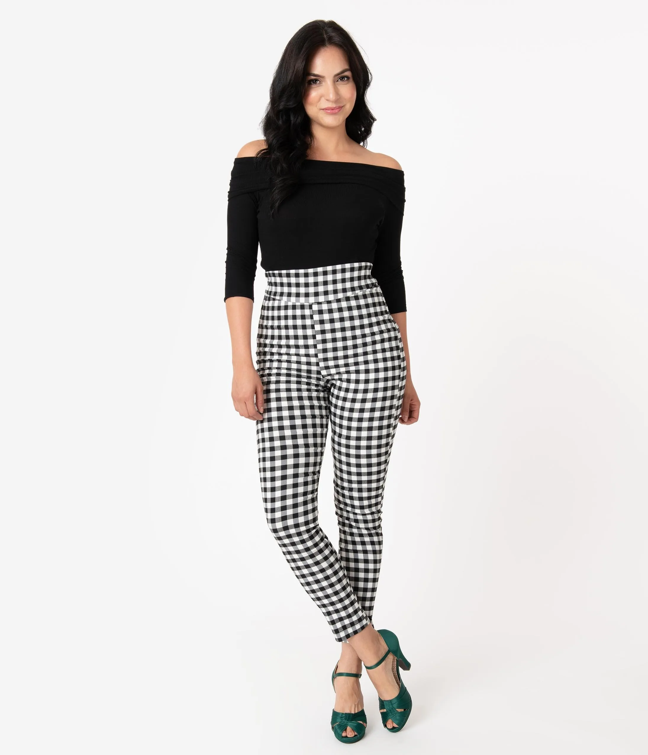 Unique Vintage Black & White Gingham High Waist Rizzo Cigarette Pants