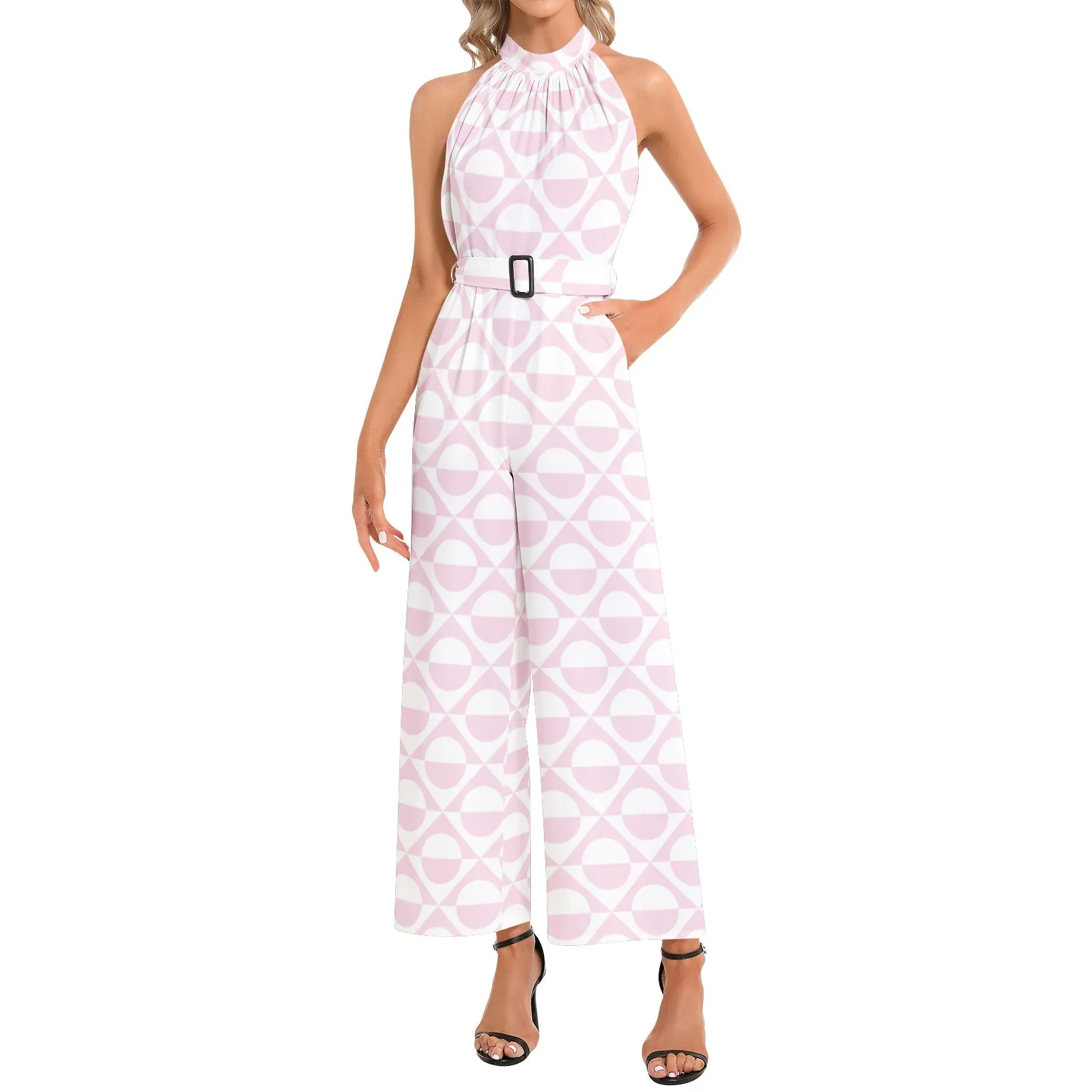 Vintage Abstraction Halter Neck Buckle Belted Jumpsuit