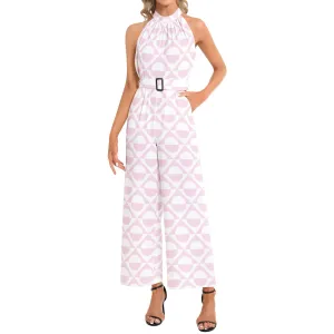 Vintage Abstraction Halter Neck Buckle Belted Jumpsuit