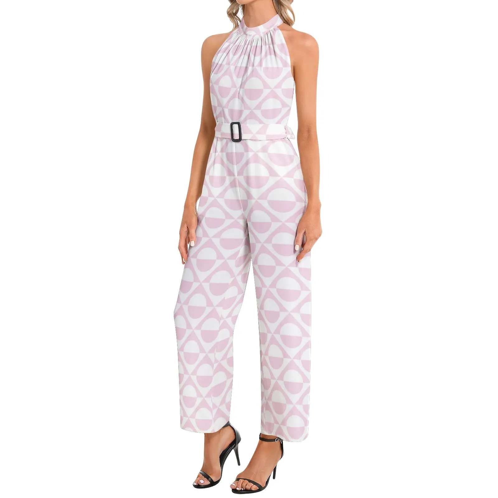 Vintage Abstraction Halter Neck Buckle Belted Jumpsuit