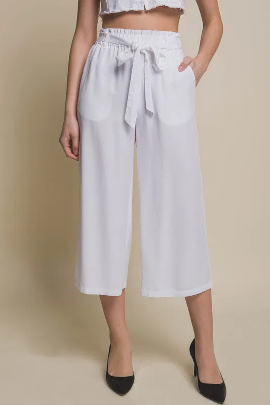 White High Rise Tie Waist Tencel Paperbag Pants