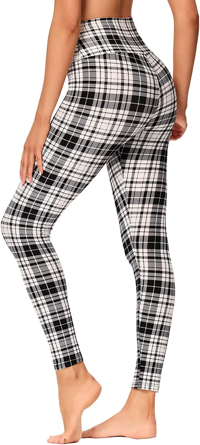 Wholesale High Waisted Black White Plaid Leggings Soft Slim Tummy Control Printed Pants