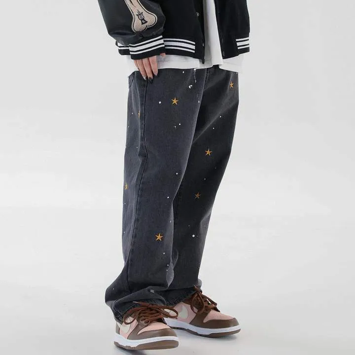 WLS Star Print Vintage Loose Denim Jeans