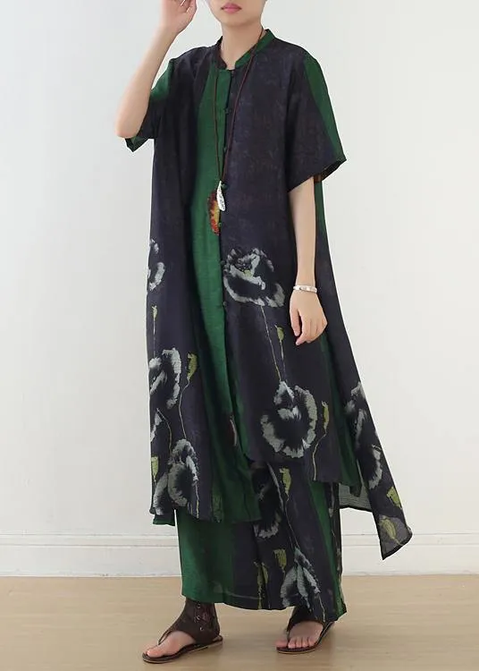 women green prints short sleeve shirt dress with elastic waist wide leg pants two pieces