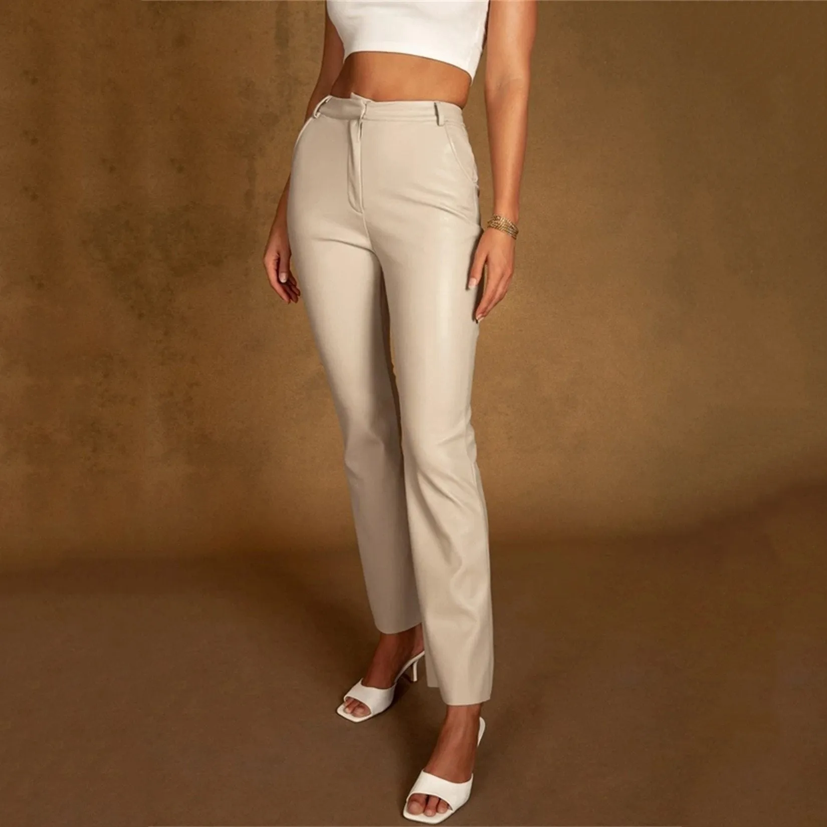 Women PU Leather Button Slim Pants Autumn High Waist Sexy