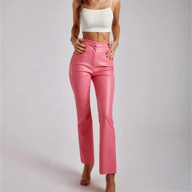 Women PU Leather Button Slim Pants Autumn High Waist Sexy