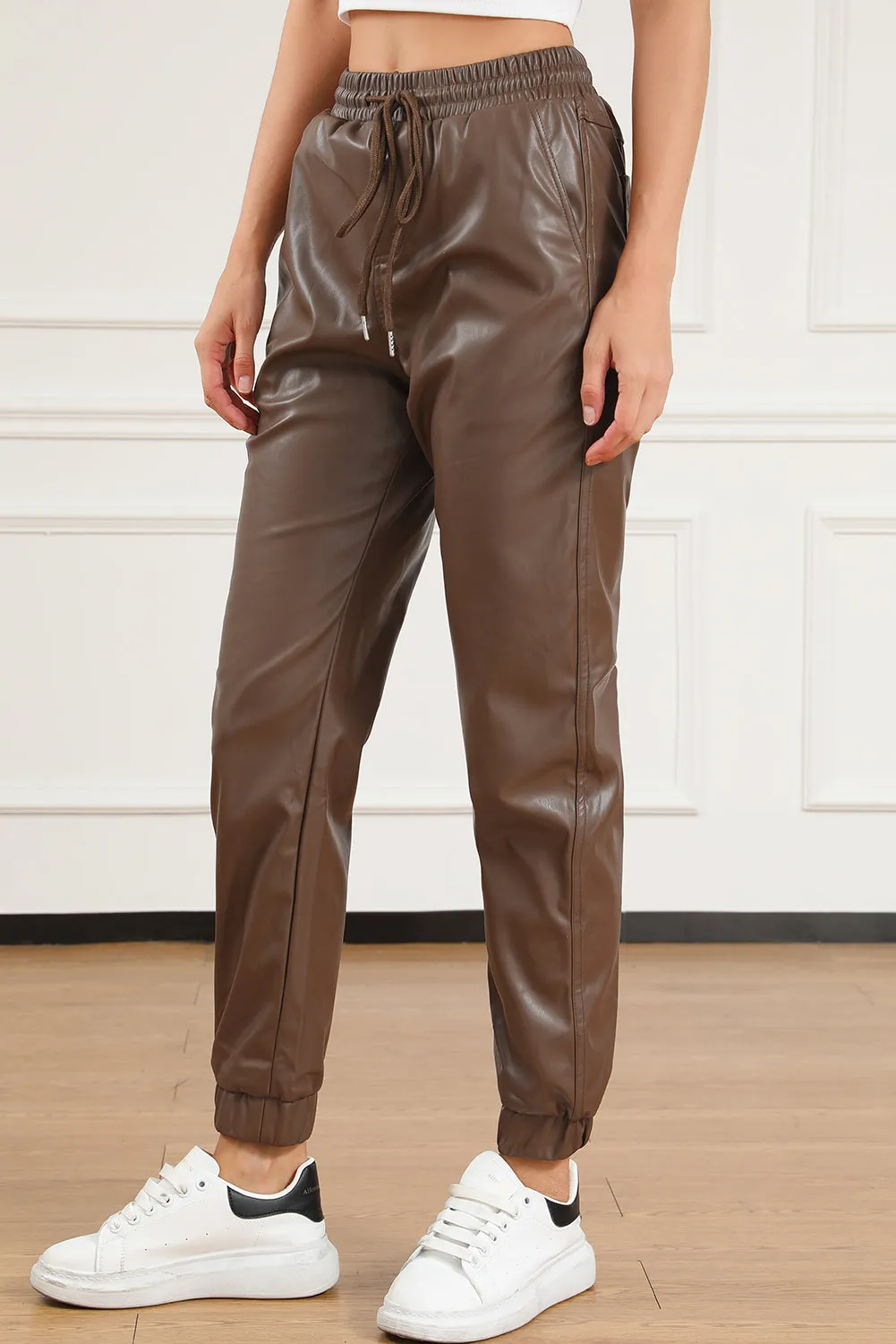 Womens Faux Leather Joggers with Drawstring Waist in Brown