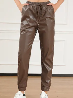 Womens Faux Leather Joggers with Drawstring Waist in Brown