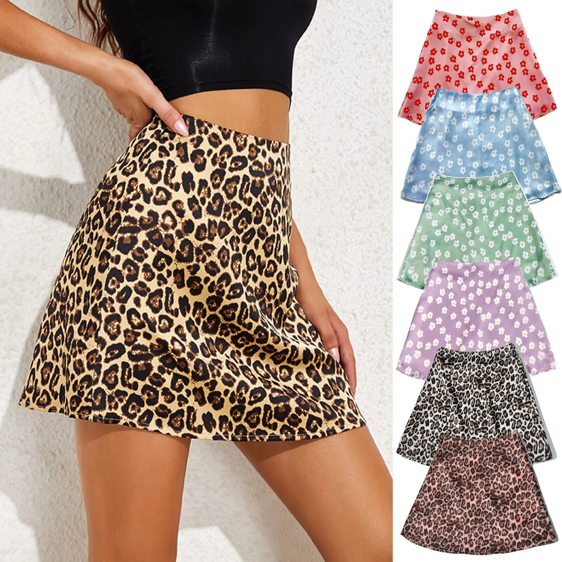 Women's High Waist Satin Printed Girl Short Pink Small Flower Leopard Skirt