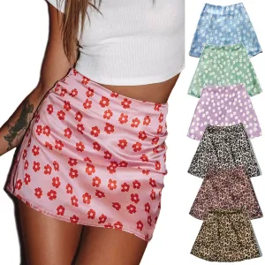 Women's High Waist Satin Printed Girl Short Pink Small Flower Leopard Skirt