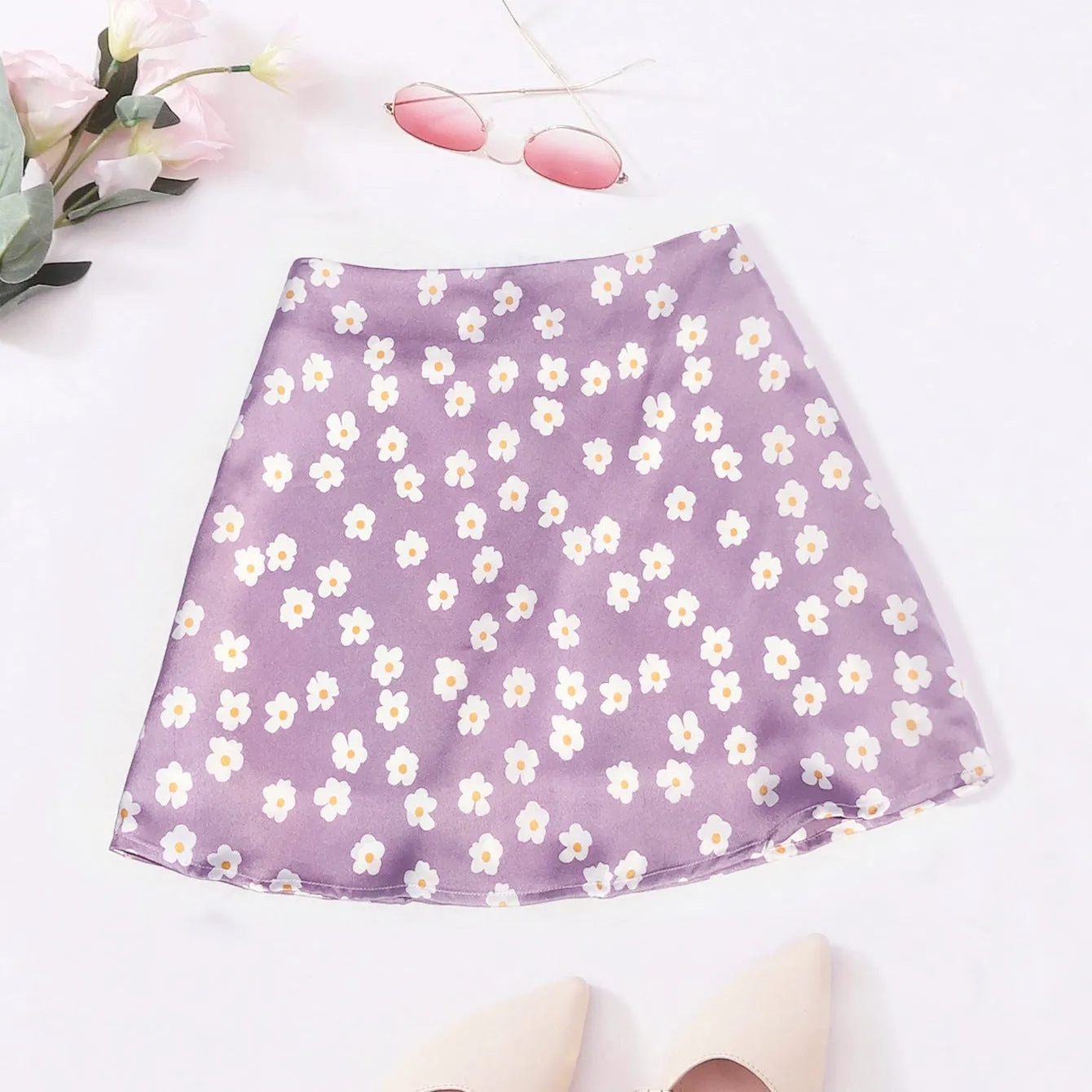 Women's High Waist Satin Printed Girl Short Pink Small Flower Leopard Skirt