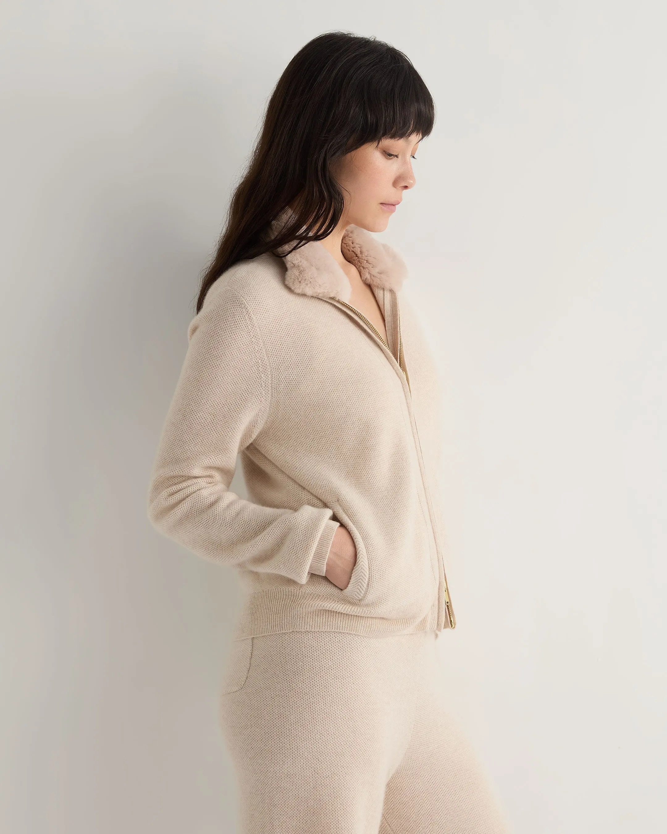 Women's Honeycomb Full Zip Cashmere Jumper With Fur Trim Ecru White