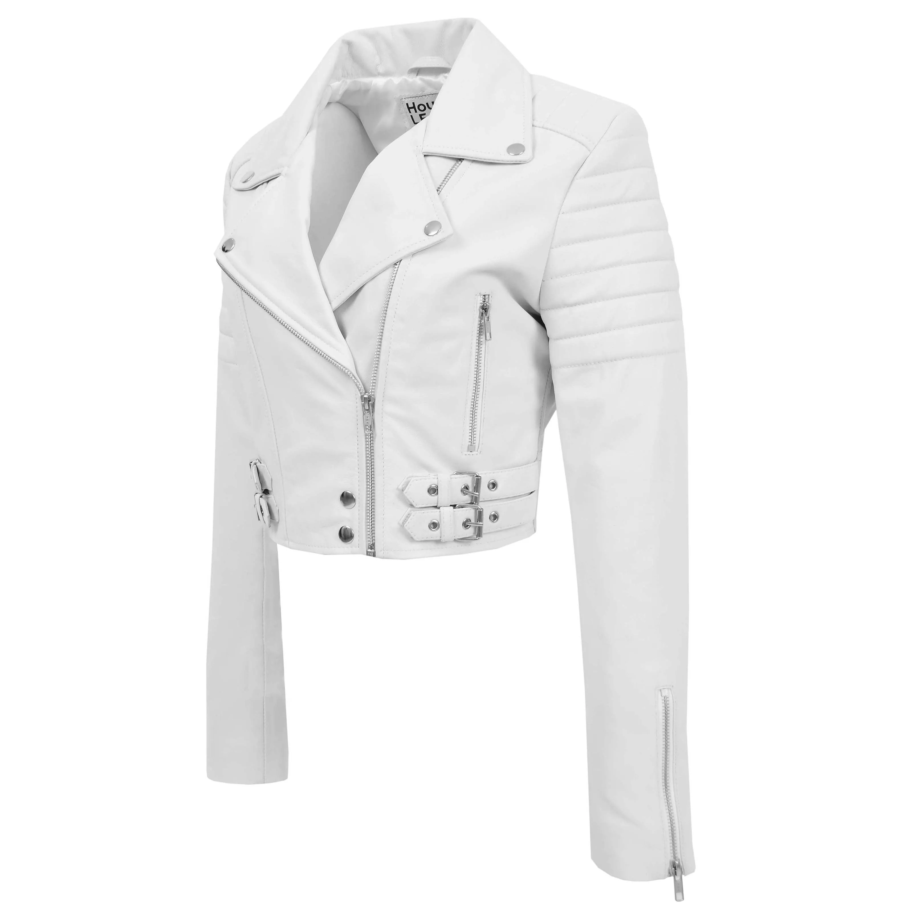 Womens Leather Cropped Biker Style Jacket Demi White