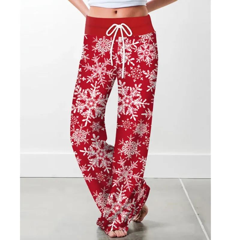 Women's Tied High Waist Christmas Printed Casual Trousers